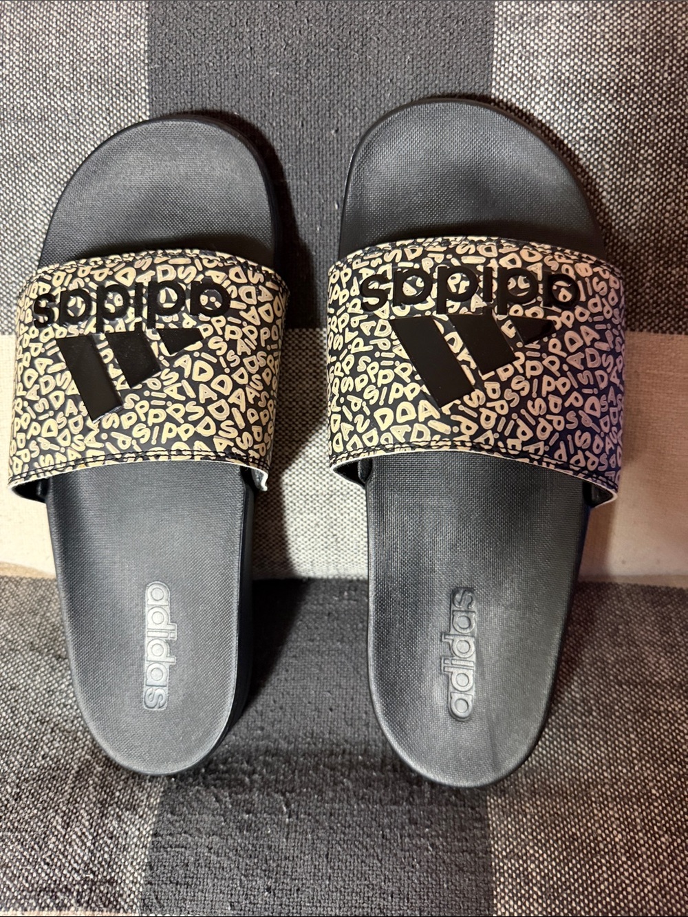 adidas Black Slides with Cream Leopard-Pattern Strap